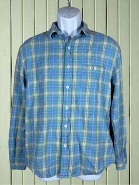 Faherty Brand Mens 100% Organic Cotton Blue Green Plaid Flannel Shirt Large